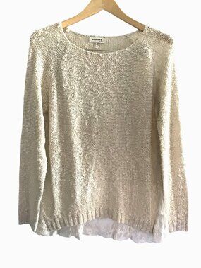 MONTEAU- WOMENS TAN LONG SLEEVE LACE BOTTOM TRIM SWEATER SHIRT SIZE MEDIUM